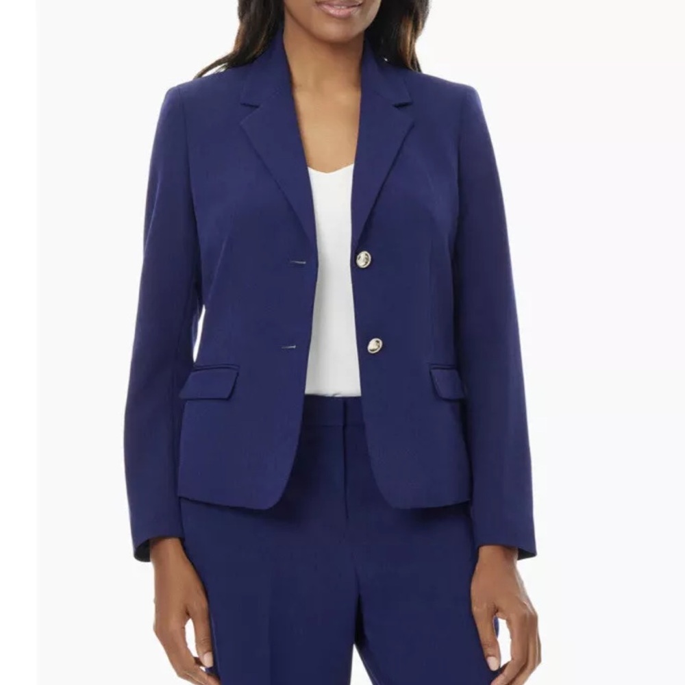 KASPER Stretch Crepe Notch Lapel Two 2 Button Blazer Navy Size 10